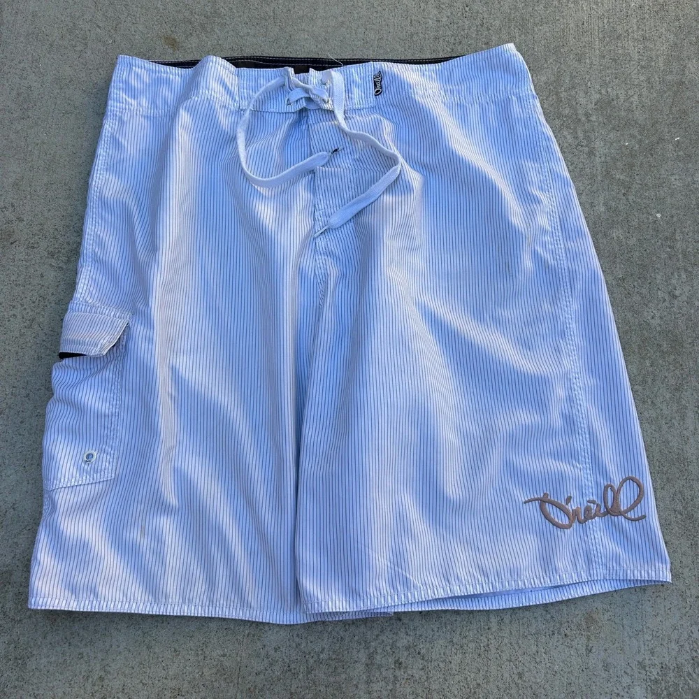 Vintage O'Neill Board Shorts Mens 36 White Blue Pinstripe Y2K Surf Cargo Trunks